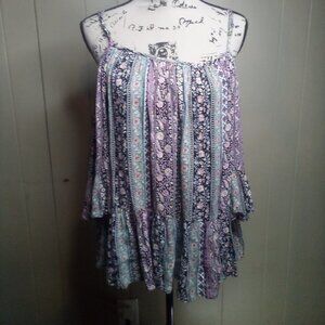 Altar'd State Blouse M Cut-Out Short Bell Sleeve Flowing Floral Colorful